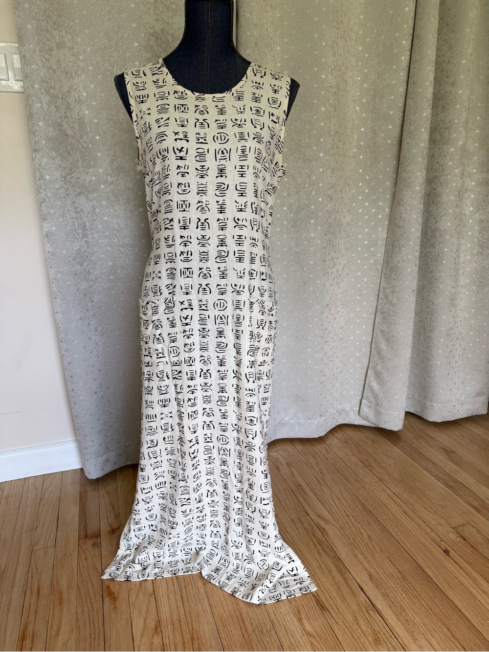 100% silk LUTAR Sleeveless Cream Maxi Dress with Black Graphic Print